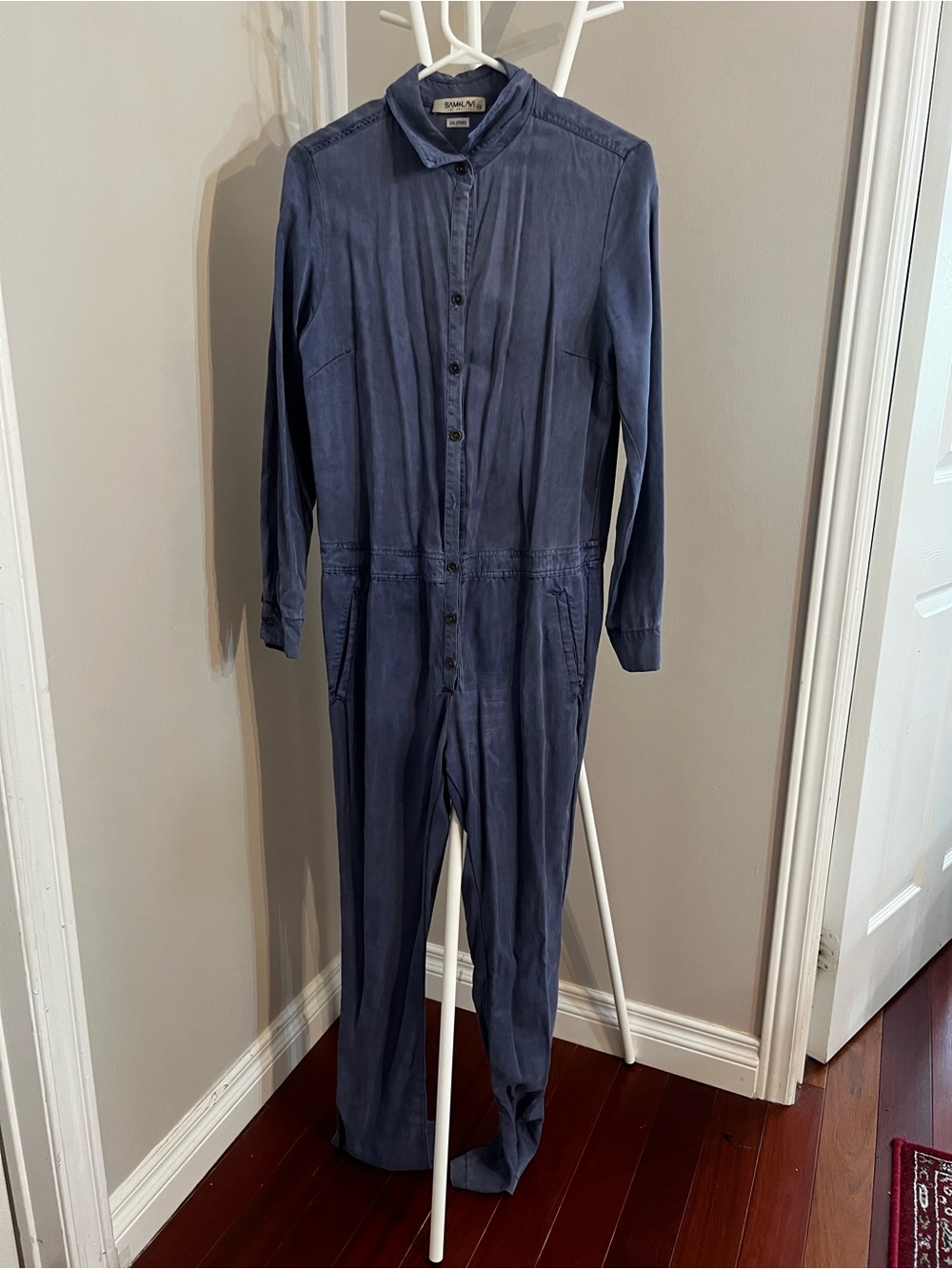 Denim Button-Front Long-Sleeve Jumpsuit